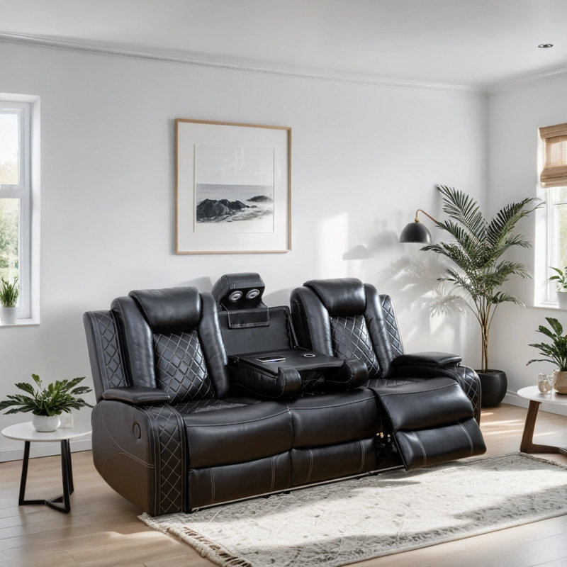 Keyia 83.5'' Breathable Leather Power Reclining with LED and Reading Lighting Sofa