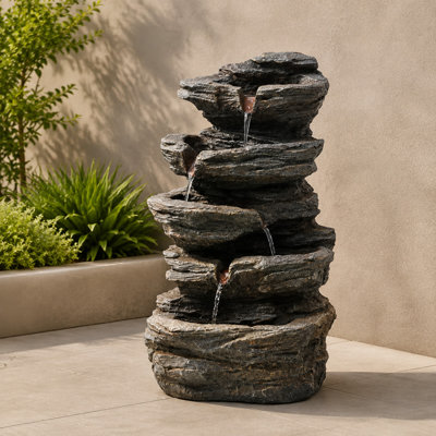 Fontaine à eau de 50 cm de hauteur, fontaine moderne à 5 niveaux en pierres empilées avec éclairage DEL