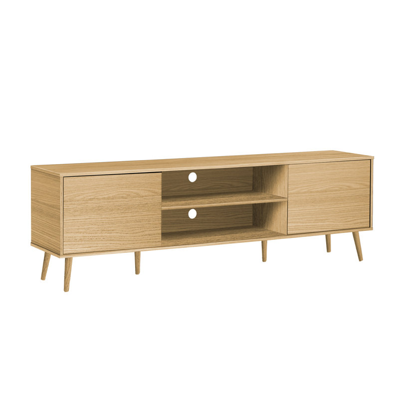 Console média moderne de 72 pouces, meuble télé avec stratifié naturel, pieds en bois, rangement pour espaces de vie, support à 2 portes à loquet, finition stratifiée, console de bureau, unités