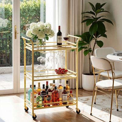 Chariot-bar à 3 niveaux avec support à vin et porte-verre