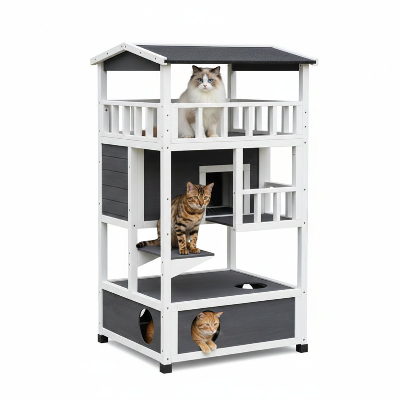 Abri extérieur en bois conçu pour les chats de la communauté ou sauvages.
