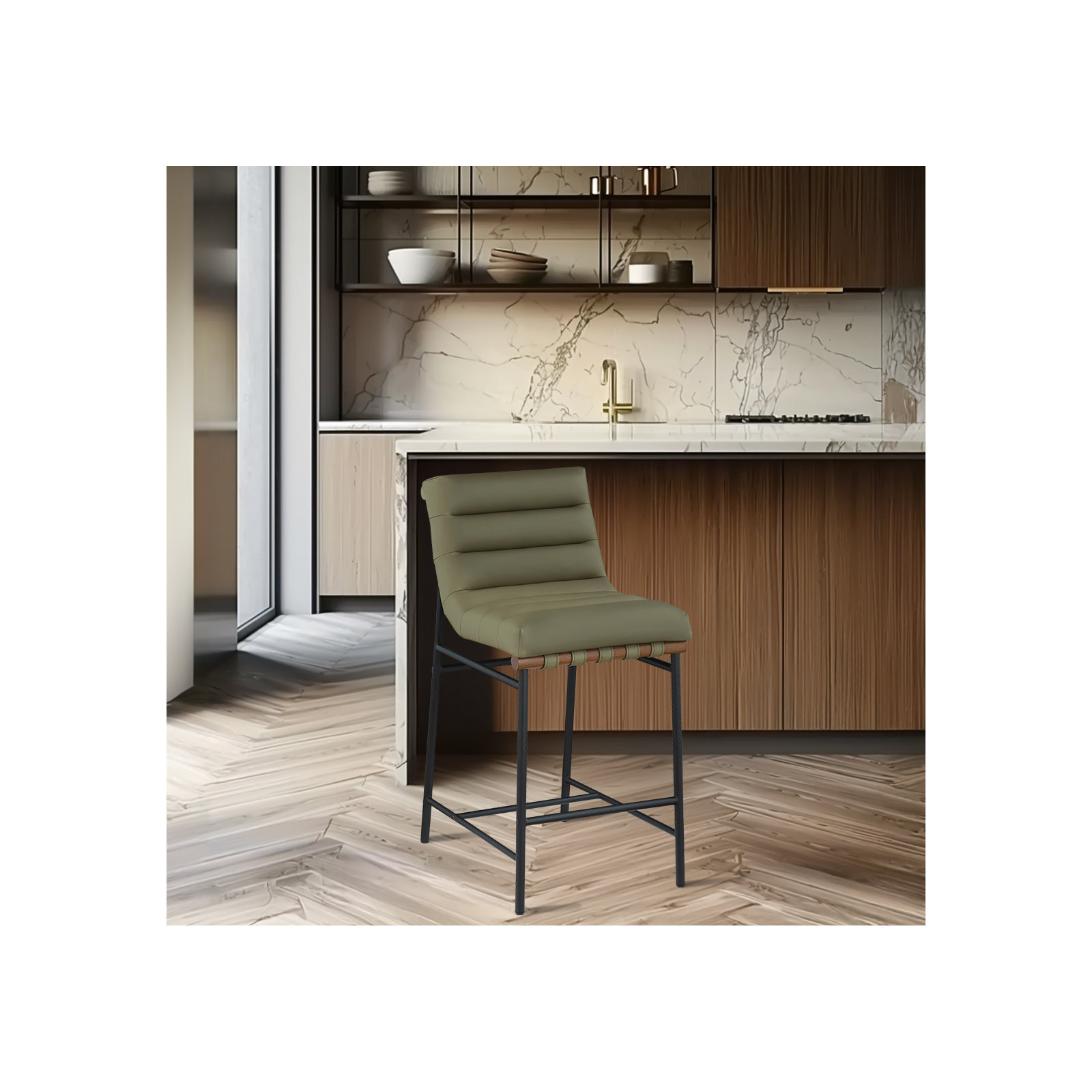 Vincentas Counter Stool, Green Vegan Leather, Counter Stool (26.4" Seat Height)