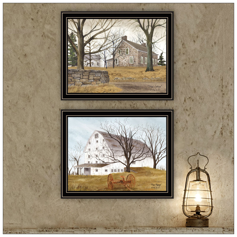 Trendy Decor 4U 2- Piece Vignette Stone Cottage Farmhouse & Wooden Barn With Hay Rake Wall Art For Living Room, Bedroom Wall Art Print For Home Decor By Billy Jacobs
