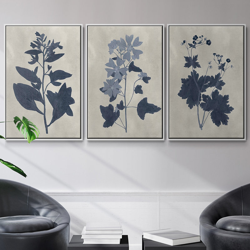 "Marine Pressed Flowers VI", ensemble de 3 toiles encadrées, H 27 po x l 54 po, Blanc