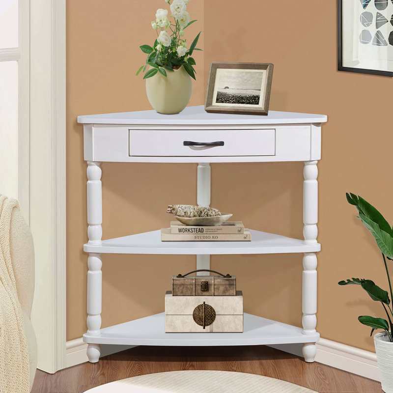 33.8'' Small Triangle Corner Table, Wood Corner Side Table For Small Spaces/ Living Room, 3 Tier End Corner Table With Solid Wood Legs