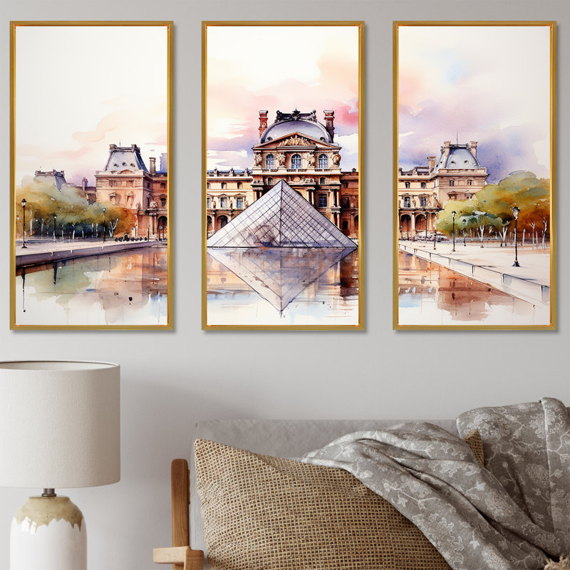 «Paris Le Louvre Essence - City Paris», art mural, Cadre flottant doré, H 40 po x l 61 po x P 1 po