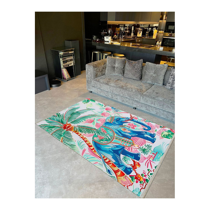 Tapis décoratif multicolore à motif de palmiers et d'éléphants Paris Collection