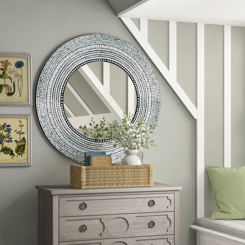 Leto Gray Mother of Pearl Shell Tribal Handmade Mosaic Room Wall Mirror, 40" x 40"