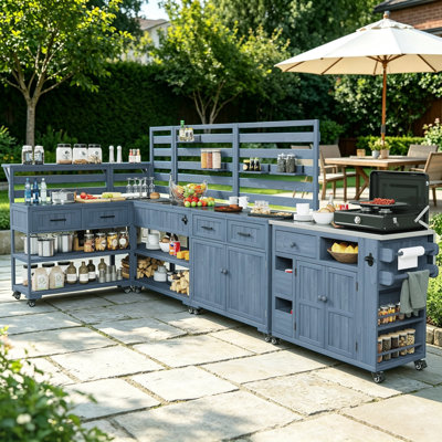 Îlot de cuisine en bois massif 4 pièces avec évier avec robinet, table de barbecue avec plateau en acier inoxydable, armoire de rangement, tiroirs et tablettes mobiles pour le jardin