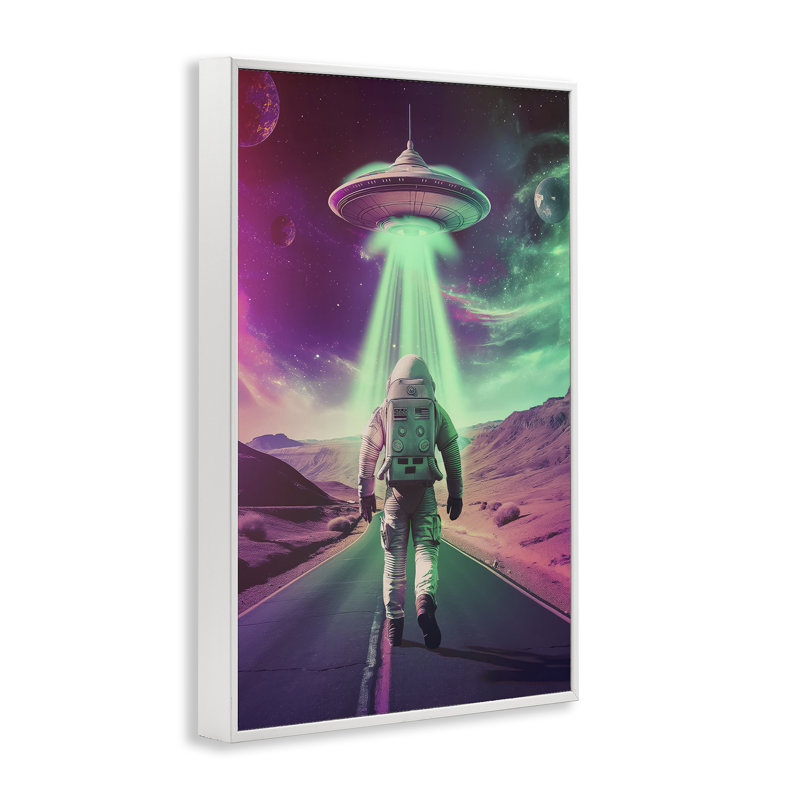 L'astronaute marchant vers UFO, estampe numérique, design par Wumples, H 30 po x l 20 po, Giclée encadrée blanc bord de mer