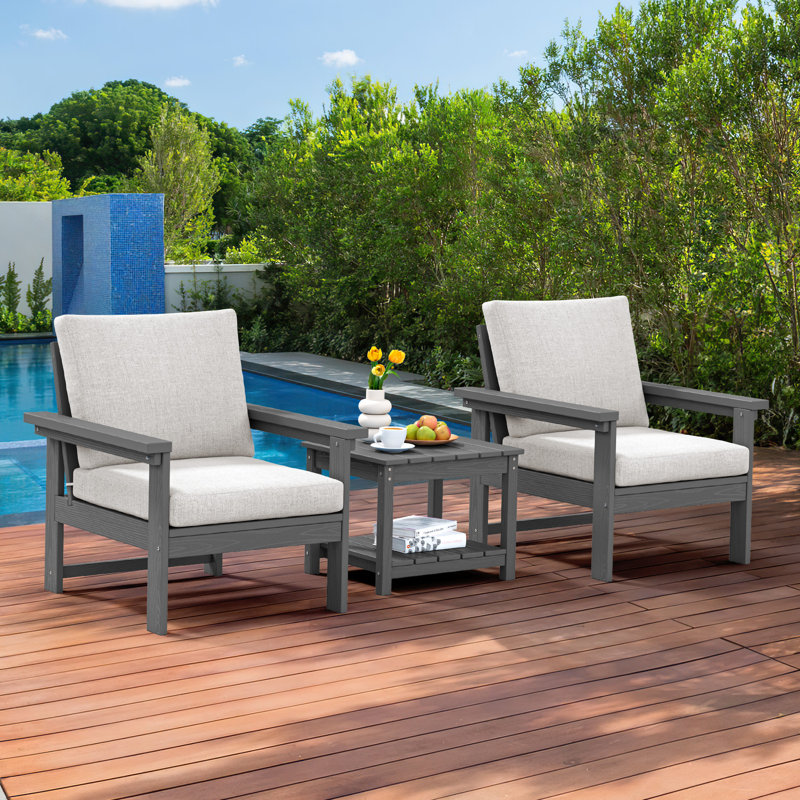 Reata HDPE 2-Person Conversation Set With Double-Tier Side Table and Cusions, White, Grey