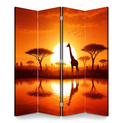 4 Panels Folding Screen Room Divider Royal Giraffe Silhouette African Sunset Acacia Trees Water Wildlife Canvas Screen Room Separator Freestanding Protective Wall Divider Privacy Partition