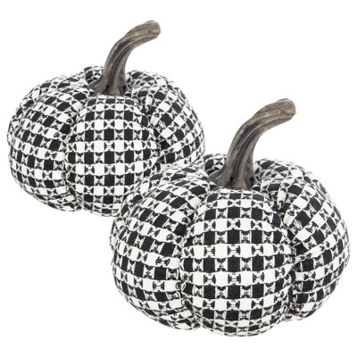 Set Of 2, 7X7x6.7" Fabric Blackwhite Plaid Pumpkin Decor, For Holiday Halloween Decoration