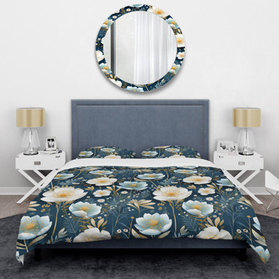 White And Blue Ranunculus Fauna Pattern Floral Duvet Cover