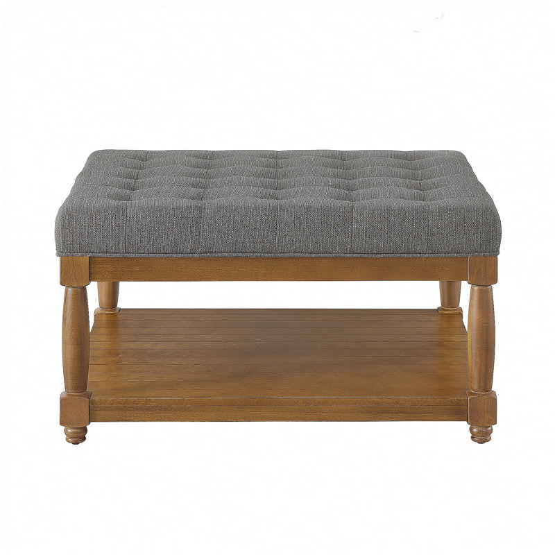 Grande table basse carrée avec repose-pieds en lin capitonné et grand repose-pieds avec tablette en bois massif, Granite