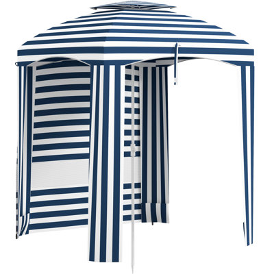 Parasol de plage 5,8 pi x 5,8 pi, rayure bleu-blanc, portatif, auvent avec sacs de sable Housse de parasol double 5,8 pi x, murs à volants, évents, sacs de sable, sac de transport et rayures