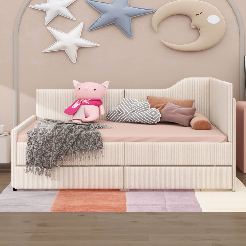 Un lit de jour en velours côtelé en L avec une structure rembourrée et deux tiroirs de rangement intégrés, Beige