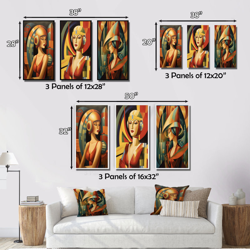 "Portrait épuré de femme art déco" - 3 pièces, Cadre flottant noir, H 36 po x l 20 po