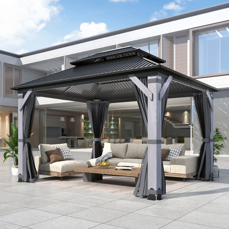 10 ft .W x 12 ft .D Outdoor Wood Gazebo, Hardtop Gazebo Permanent Cedar Wooden Gazebo with Galvanized Steel Double Roof, for Patio, Garden, Deck