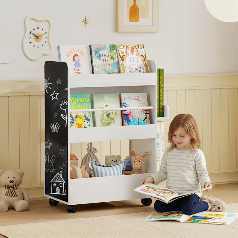 Bibliothèque pour enfants, bibliothèque pour enfants avec roues, tableau noir, pour 3 à 8 ans