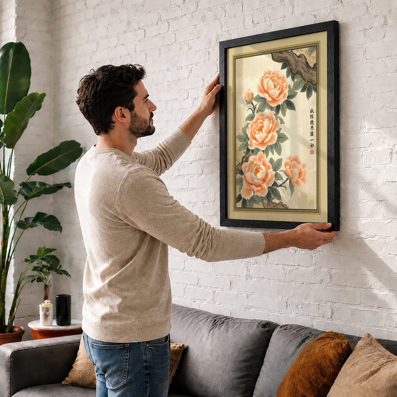 Peony in Bloom Japandi - Framed Print, Oak, A3 - 42.0 x 29.7 cm