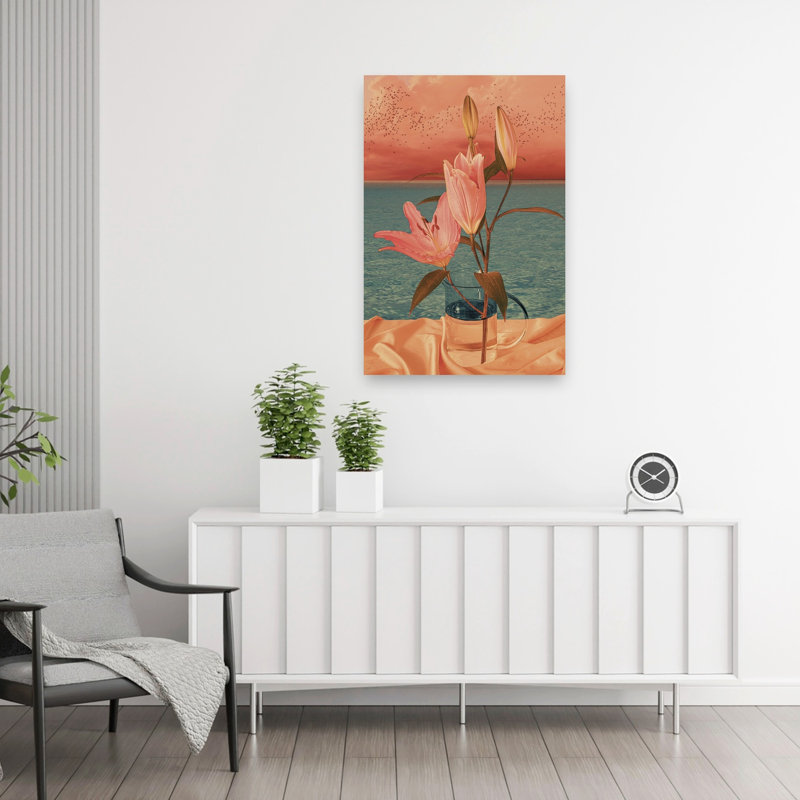 Lys roses, coucher de soleil sur la mer, style rétro surréaliste, abstrait, oiseau et paysage floral - Affiche murale