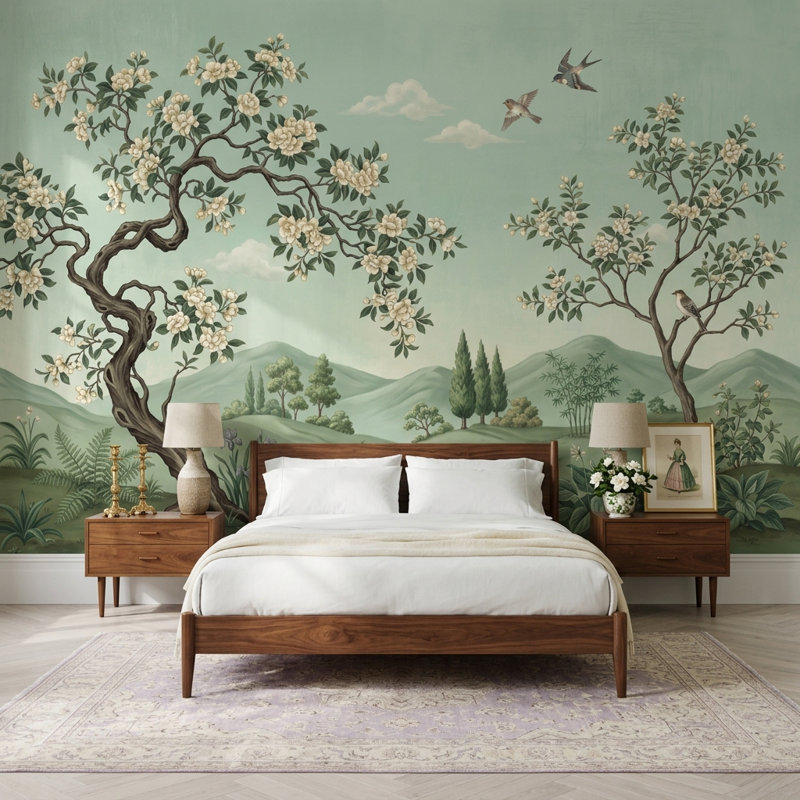 Papier peint mural vert paysage floral, arbres florissants, oiseaux en vol, décoration murale amovible, Texturé non collé