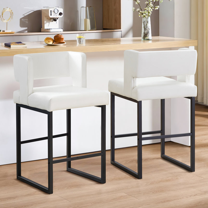 Upholstered Counter Stool with Metal Frame (Set of 2), Black, White