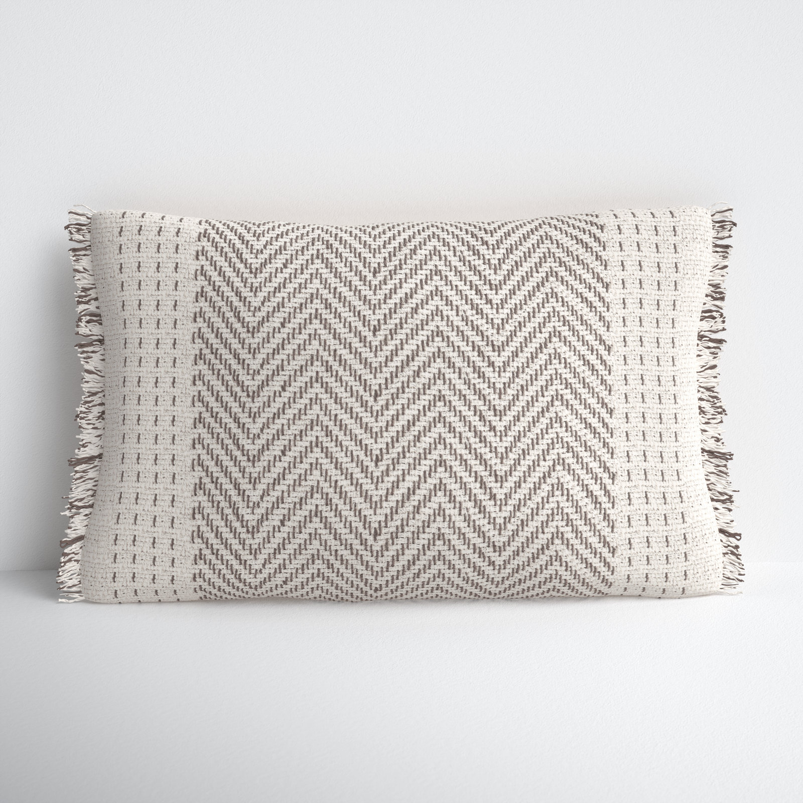 Carey Fringed Cotton Lumbar Throw Pillow, Polyester/Polyfill, Gray/Ivory
