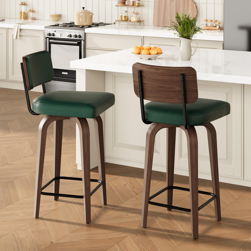Set of 2 Swivel Counter Height Bar Stools – 26" Walnut Wood Legs, Faux Leather Upholstered Cushions, Mid-Century Modern Design for Kitchen Island