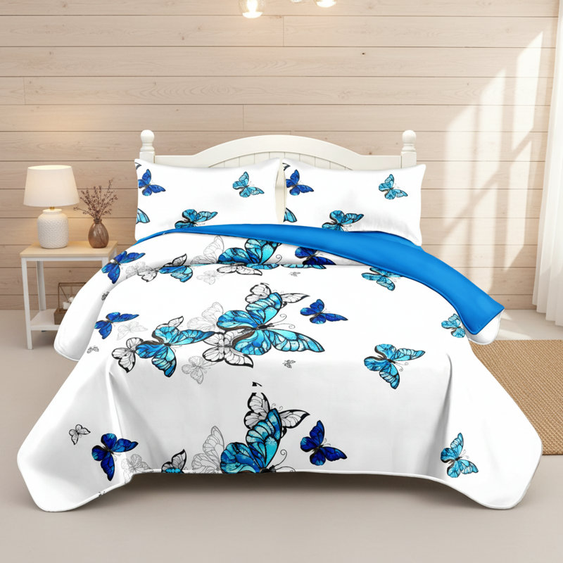 Ensemble de couvre-lit 3 pièces Blue Butterfly, Très grand lit