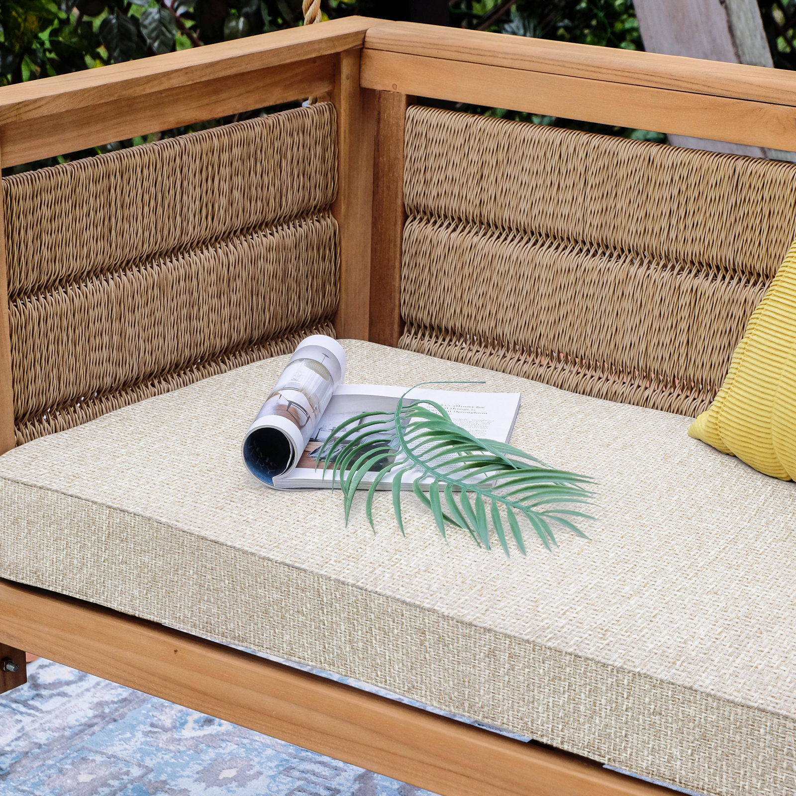 Blaine Teak Porch Swing with Cushion, Tan Performance Basketweave