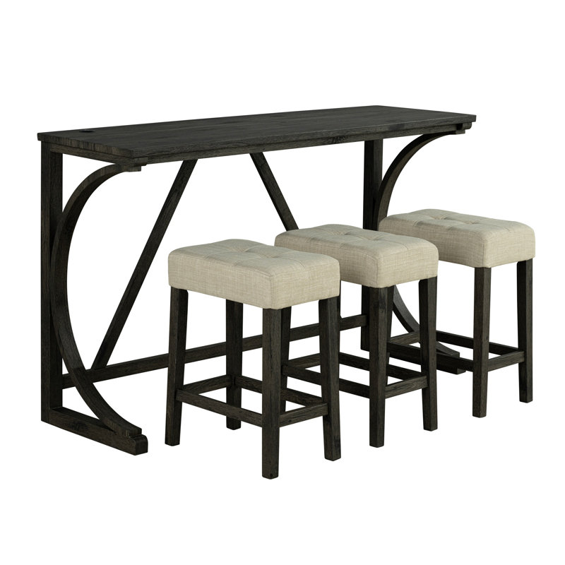 Transitional Bar Table Set With Upholstered Tufted Stools And USB Ports,Set Of 4