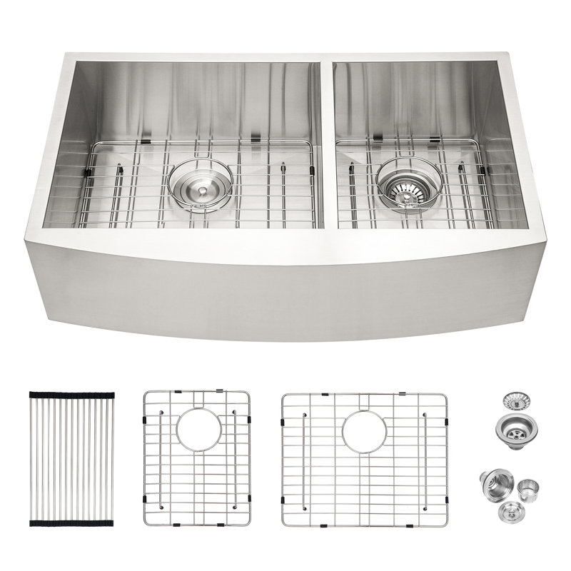36" X 20" 9" Double Bowl  60/40  Stainless Steel 16 Gauge Apron Front Kitchen Sink, Sound - Reducing 3Mm Rubber Pad, Condensation Coating, Includes Dish Grid And Drying Rack Comes With Installation