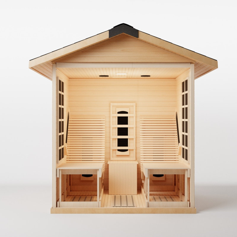 Far Infrared 2 Person Wooden Sauna Room with Recliner, Canadian Hemlock Luxury Indoor and Outdoor Sauna with 10 Heating Panels, Oxygen Bar, 3400 Watt, Rainproof Roof, 220V
