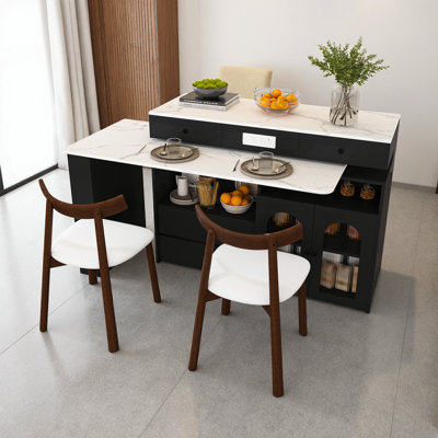 Table extensible et rotative de 47 po + 2 chaises en bois massif, 4 tiroirs divisés, vitrine en verre, double sortie intégrée, station de repas compacte de 2 à 4 places