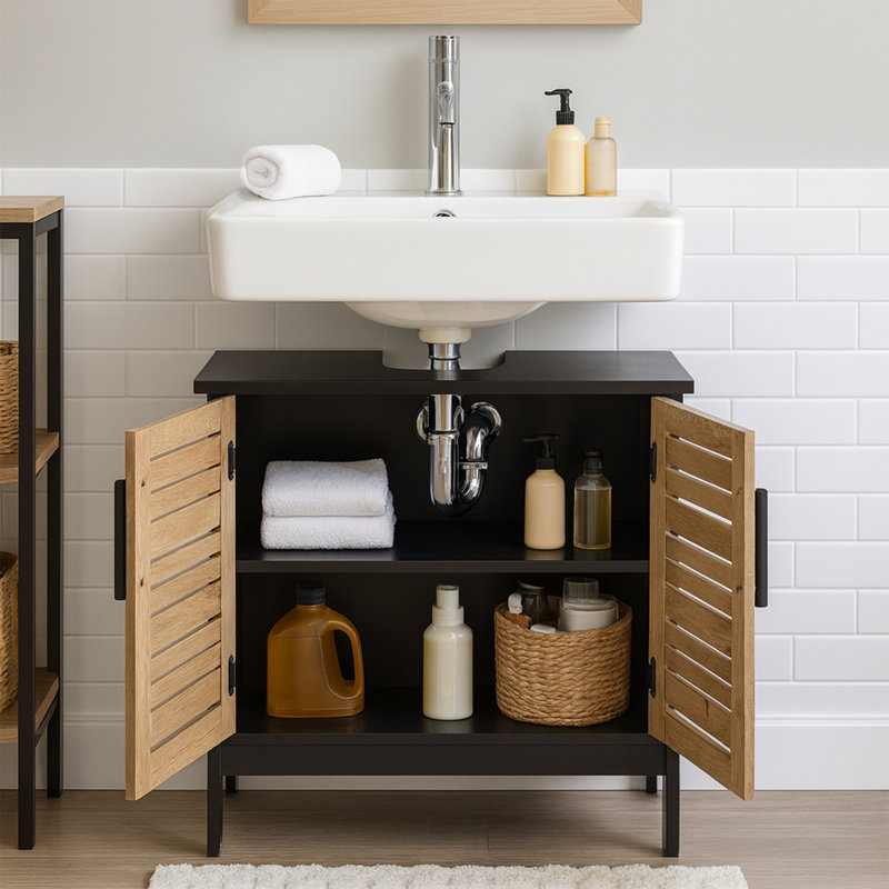 Under Sink Cabinet with U-Shaped Cut-Out, Double Vented Doors, Black and Brown - Bergen Collection