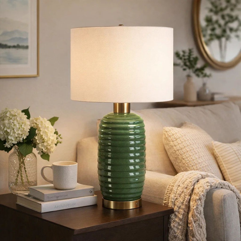 Lampe de table, abat-jour en lin blanc cassé, céramique nervurée vert olive de 27 pouces