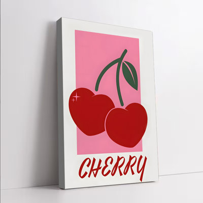 1PC Wall Arts Posters Framed,  Modern Cherry Print Canvas Wall Art, Vibrant Red Hearts with Green Stem on Pink Background, Retro Pop Art Style Decor f
