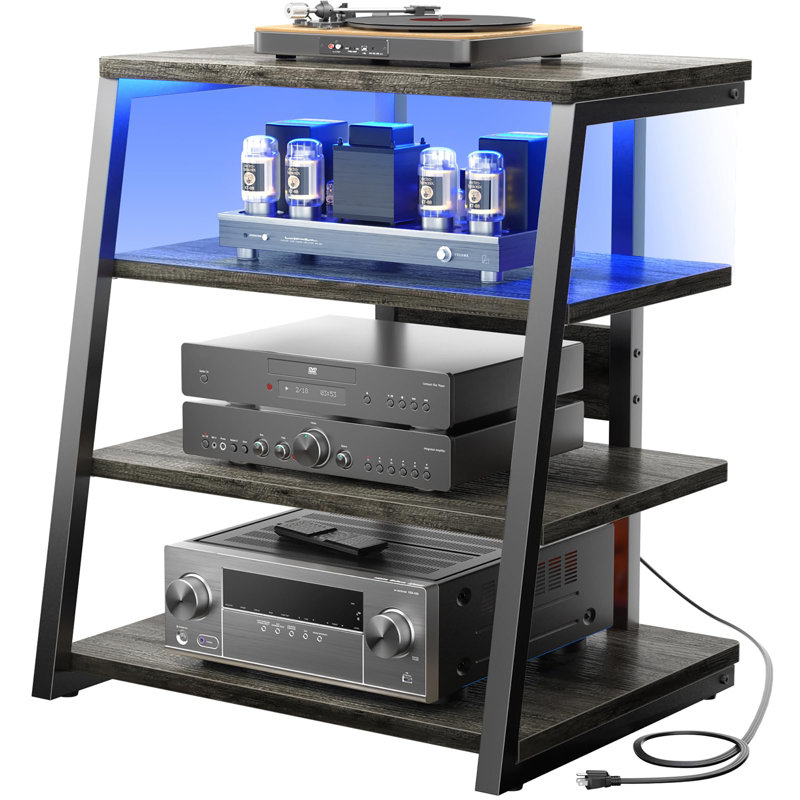 4-Tier AV Media Stand with Power Strips, Gray Oak