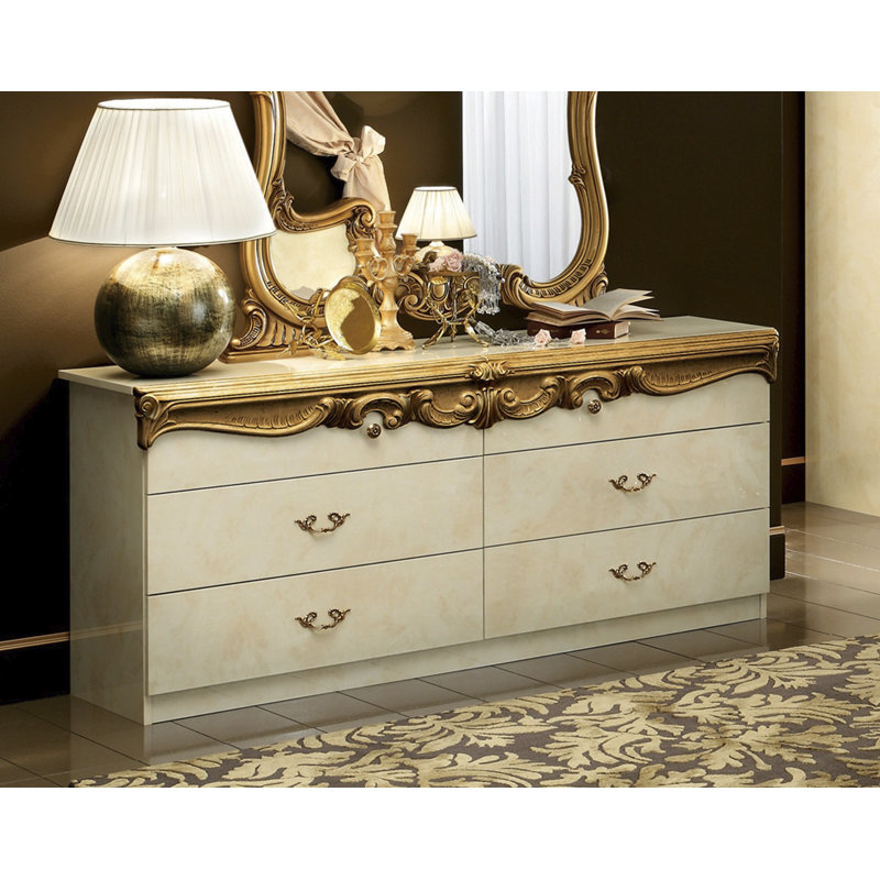 Commode double 4 tiroirs Rumsey, Ivoire / Doré