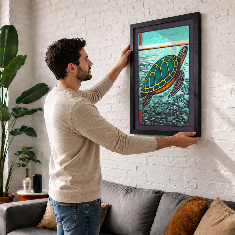 Turtle In Open Water Japandi - Print, A4 - 29.7 x 21.0 cm, Black