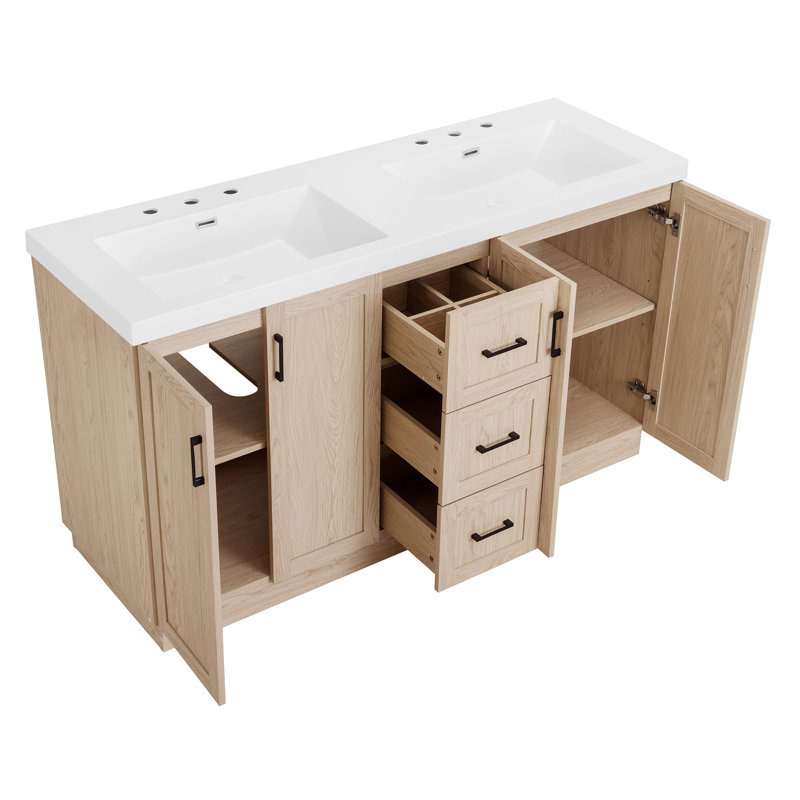 Ensemble de meuble-lavabo double 59 po à grain de bois moderne 59 po avec lavabo SMC, armoire 4 portes en MDF 3 tiroirs, quincaillerie à fermeture en douceur et tablettes réglables