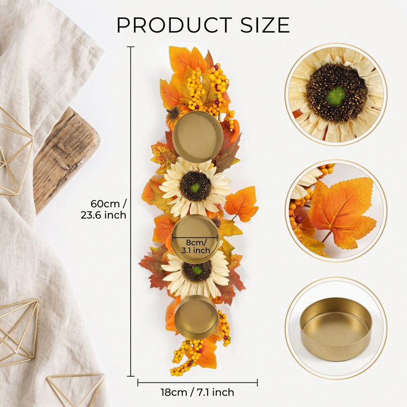 Centre de table automnal avec bougeoir en forme de tournesol et de feuille d'érable, composition florale artificielle et 3 supports à bougies en métal, idéal pour décorer une table ou un foyer sur le thème des récoltes de Thanksgiving.