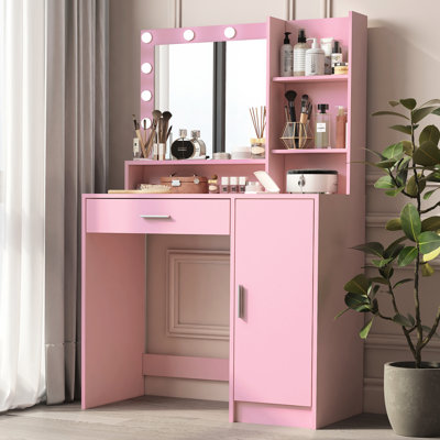 Commode de chambre à coucher avec lumières réglables, grande armoire de rangement, couleur de la table blanche - rangement spacieux, miroir, panneau de particules