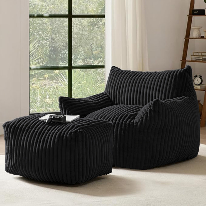 Suede Sofa Chair With Ottoman - 5-Zone Support & Compact Boxed Delivery, 29.53" H x 46.06" W x 38.58" D, Black Corduroy