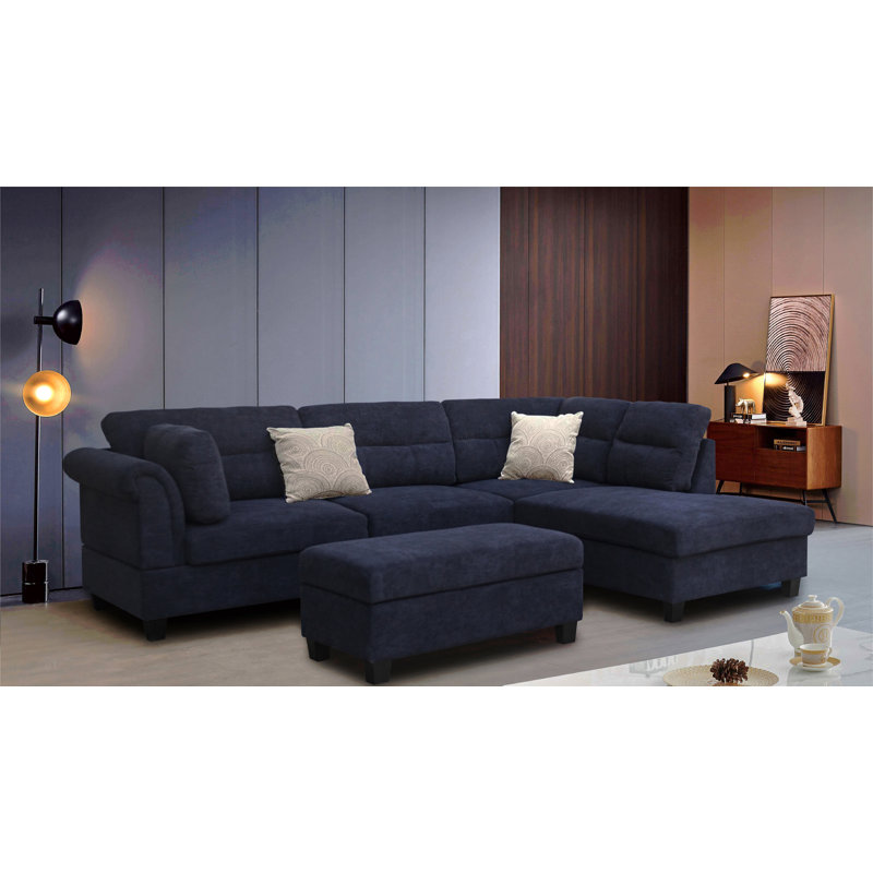 Diego 100"W Black Fabric Sectional Sofa With Right Facing Chaise, Storage Ottoman, And 2 Accent Pillows, Black Fabric