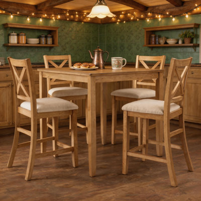 5-Piece Oak Finish Counter Height Dining Set, 34.5" Square Table & 4 X-Back Fabric Chairs, Solid Wood Frame for Kitchen Apartment Breakfast Nook