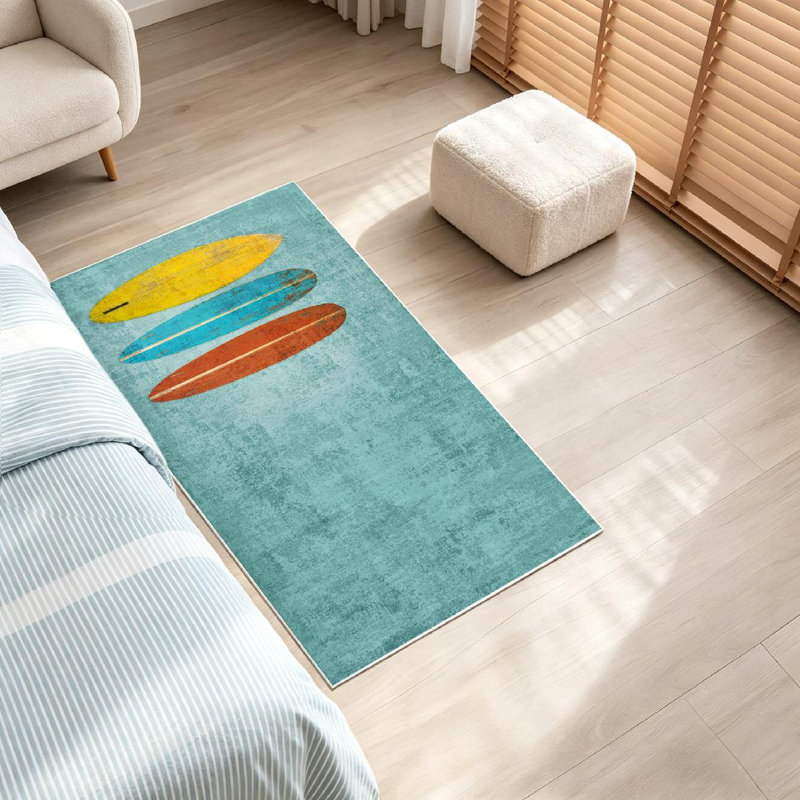 Yellow Vintage Surfboard Color Flat Surf Board Beach Wood Studio Banner Blue Machine Washable Indoor Area Rug