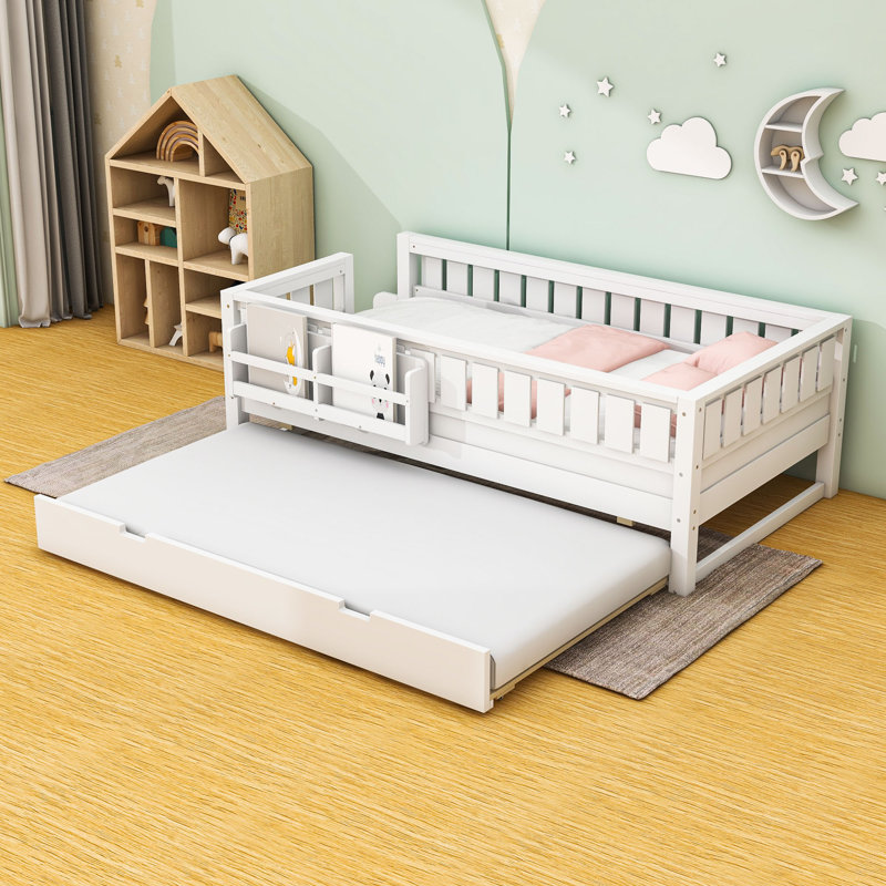 Lit plateforme en bois avec lit gigogne, bibliothèque et escalier, Twin, White
